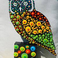 Metal Owl w/“DROPS”.        Wooden Base