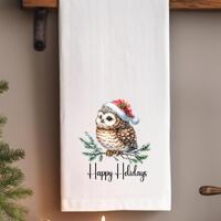 Cute Christmas Owl Flour Sack Towel - Festive Holiday Kitchen Decor - Christmas Owl Tea Towel - Sant