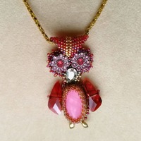 Beadwoven Owl Pendant Breast Cancer Awareness Beadwoven Bird Swarovski Rondelle Eyes Faceted Crystal