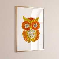 Orange Floral Owl Art Print Botanical Owl Wall Decor Woodland Animal Illustration Nature-Inspired Ro
