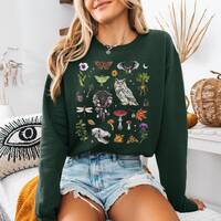 WITCHCORE Sweatshirt with Owl Bat Luna Moth Mushrooms Poisonous Plants & Autumn Leaves print, My