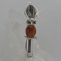 Silver OWL TUSSIE MUSSIE posy holder brooch pin *cultured amber*  lapel brooch pin *  posy holder  *