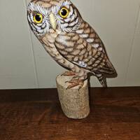 Hand Carved and Painted Owl, Glass Eyes, Realistic, Feet, Talons on Wood Base - 8" Tall x 5&quo