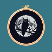 Moon and Owl halloween cross stitch pattern. downloadable digital design.