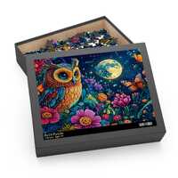 Owl Puzzle with Flowers & Butterflies - Moonlit Night Sky Jigsaw