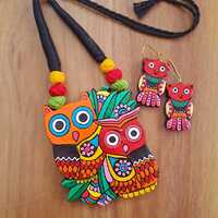Handmade Terracotta Owl Necklace & Leaf Earrings Set