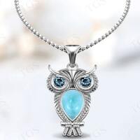 Unique Owl Larimar Pendant For Women Art Deco Multi Gemstone Animal Pendant 925 Sterling Silver Owl 