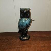 Hand Glazed Blue Mountain Pottery Owl on Pedestal Base - 7.5" Tall x 3.5" Wide - Made in C