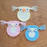 Crochet Medium Owl Applique Motif Pink, Pale Blue, Yellow Embellishment Sold Individually
