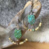 Opaque Turquoise Owl Hoop Earrings, stainless steel hooks, boho hippie earth mother, Native American