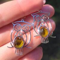 Silver and orange owl earrings