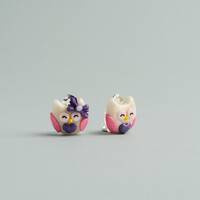 Lovely owl clip on earrings for kids Y3-8 | pink, white owls clips with purple hearts | toddlers fir