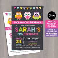 Editable, Owls Birthday Invitation, Owls party, Corjl Owl, Owl Invitation, Canva template, Chalkboar