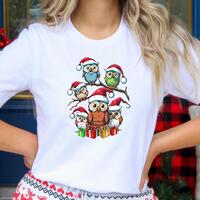 Christmas Owls Tshirt, Cute Holiday Owl Graphic Tee, Festive Santa Owl Design, Christmas Birds Shirt