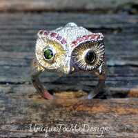 Handmade Sterling Silver Owl Ring: Chrome Diopside & Pink Tourmaline