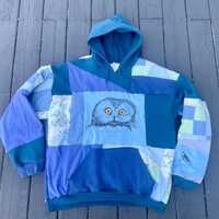Owl Eyes Patchwork Hoodie // Montana Raptor Conservation Center sweatshirt// handmade patchwork clot