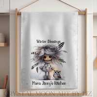 Winter Owl Tea Towels, Personalized Cotton Kitchen Towels, Holiday Decoration, Adorable Doll Design,