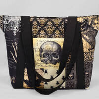 Gothic Skulls Bats Owls Zipper Tote Bag, Black Sepia Fabric