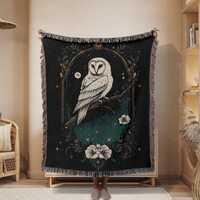 Floral White Owl Woven Blanket Fantasy Botanical Owl Large Woven Blanket Dark Cottagecore Owl Throw 
