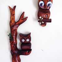 Homemade Big Eyed Wooden Hoot Owl 2 Piece Outdoor Decor, Googly Eyes
