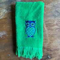 Vintage 60s Green Owl Embroidered Fringed Decorative Hand Towel