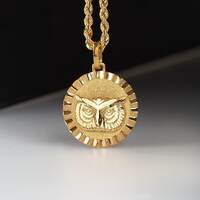 14K Solid Gold Owl Medallion Necklace: Symbol of Wisdom Jewelry