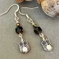 Silver Owl Earrings Dangle, Black and Silver Boho Owl Earrings, Nature Lover Earrings, Owl Jewelry, 