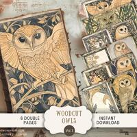 Woodcut Whimsical Owls Junk Journal Pages 6 Digital Scrapbook Papers 11 x 8.5" Art Printable WH