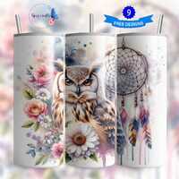 Owl Dreamcatcher Flowers Tumbler Wrap Sublimation Design, 20oz Skinny Tumbler PNG Instant Download, 