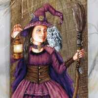 A Familiar Friend, witch, owl, Halloween, hand painted on Ozarks barnwood, 9” x 12 3/4