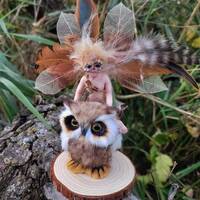 Owl Boy Pixie, Cute Ooak Clay Art Doll Fairy, Mix Media Doll, Nature Lovers, Small Child Riding Owl,