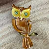 Vintage Original By Robert Owl Brown and Yellow Enamel and Gold Tone Metal Owl Pin