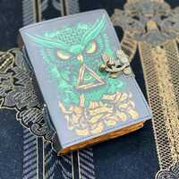 Mystical Green Owl Leather Journal | All-Seeing Eye Grimoire with Brass Clasp | Occult Spell Book &a