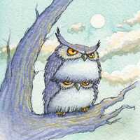 Original Framed Watercolor Painting for Owl Lovers- Owls of Fury- 4x4