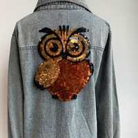 Large Golden Sequin Owl Appliqu&eacute; | Shiny Coffee Iron-On Patch for Jackets back