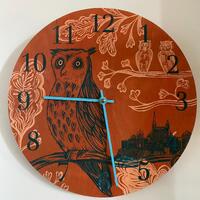 Vintage Burnt Orange Owl Wooden Wall Clock Witchy Boho Green Witch Decor