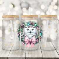 Pink Christmas Wreath Owl 16oz Glass Can Wrap, Seamless Sublimation Design, Pastel Christmas Coquett