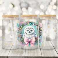 Pink Christmas Wreath Owl 16oz Glass Can Wrap, Seamless Sublimation Design, Pastel Christmas Coquett