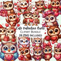 Cute Valentine's Day Owl Clipart Bundle, Whimsical Bird Characters, Adorable Heart-shaped Kawaii