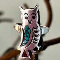 Vintage "SILVER OWL RING" Size 7 Southwestern Design Turquoise Mosaic Inlay
