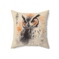 Sumi-e Owl Throw Pillow, Japanese Ink Art Cushion, Zen Wildlife Decor, Minimalist Bird Design, Natur
