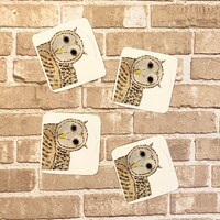 Funny Owl Handmade Stickers, Hand-Painted Illustration, 4 Round Stickers Set