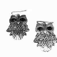 Silver and Black Onyx Dangle Owl Earrings, Silver Toned Owl Earrings, Antique Silver Owl Jewelry,  N