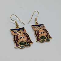 Owl Cloisonne Earrings Gold Multicoloured Vintage Earrings 1.5 Inch Dangle