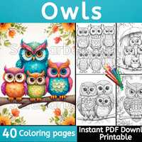 Owl coloring pages, instant download, printable, owl coloring, whimsical coloring, greyscale colorin