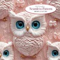 Pink Cute Owl Coquette Bow Knitted Faux Embroidery Seamless 3D Digital Pattern. Commercial Use. 1 JP
