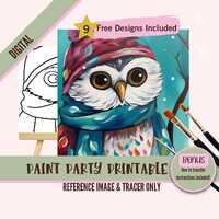 Winter Owl Paint Party Printable, Cozy Owl in Scarf Tracer Art - Fun Paint and Sip DIY Decor - Winte