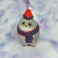 Snowy owl with scarf and hat polymer clay handmade figurine