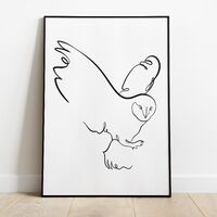 Minimalist barn owl line art portrait. Printable black and white night bird poster. Hand drawn night