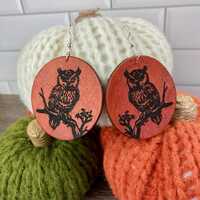 Halloween Leather Owl on a branch earrings, spooky earrings, cemetery earrings